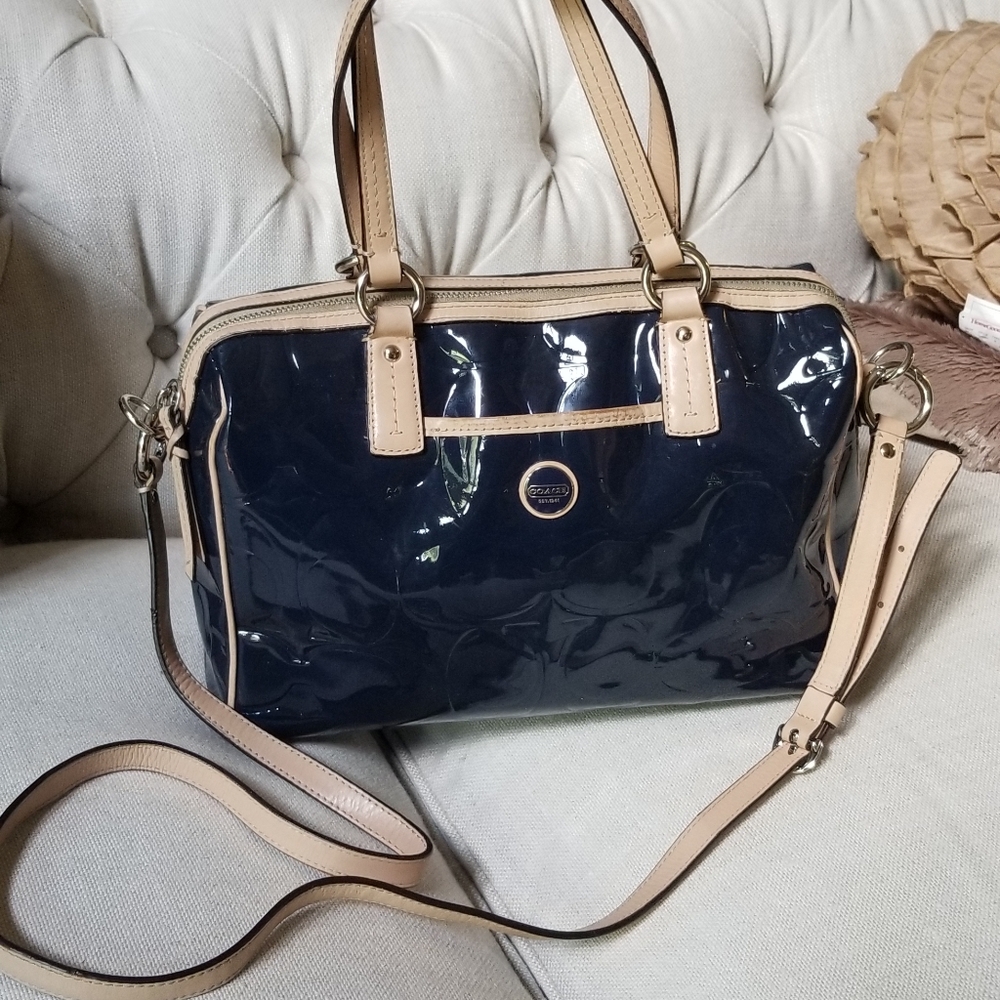 Coach-Tote/Shoulder Handbag-Signature Embossed Blue Patent Leather